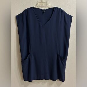 Eileen Fisher Tunic Top Sz L Blue Boxy Minimalist Blouse Structured Modern Basic